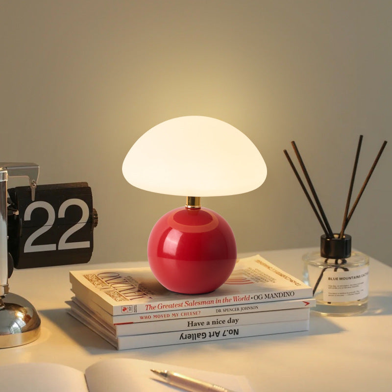 Ceramic mushroom lamp red colour glowing in bedroom
