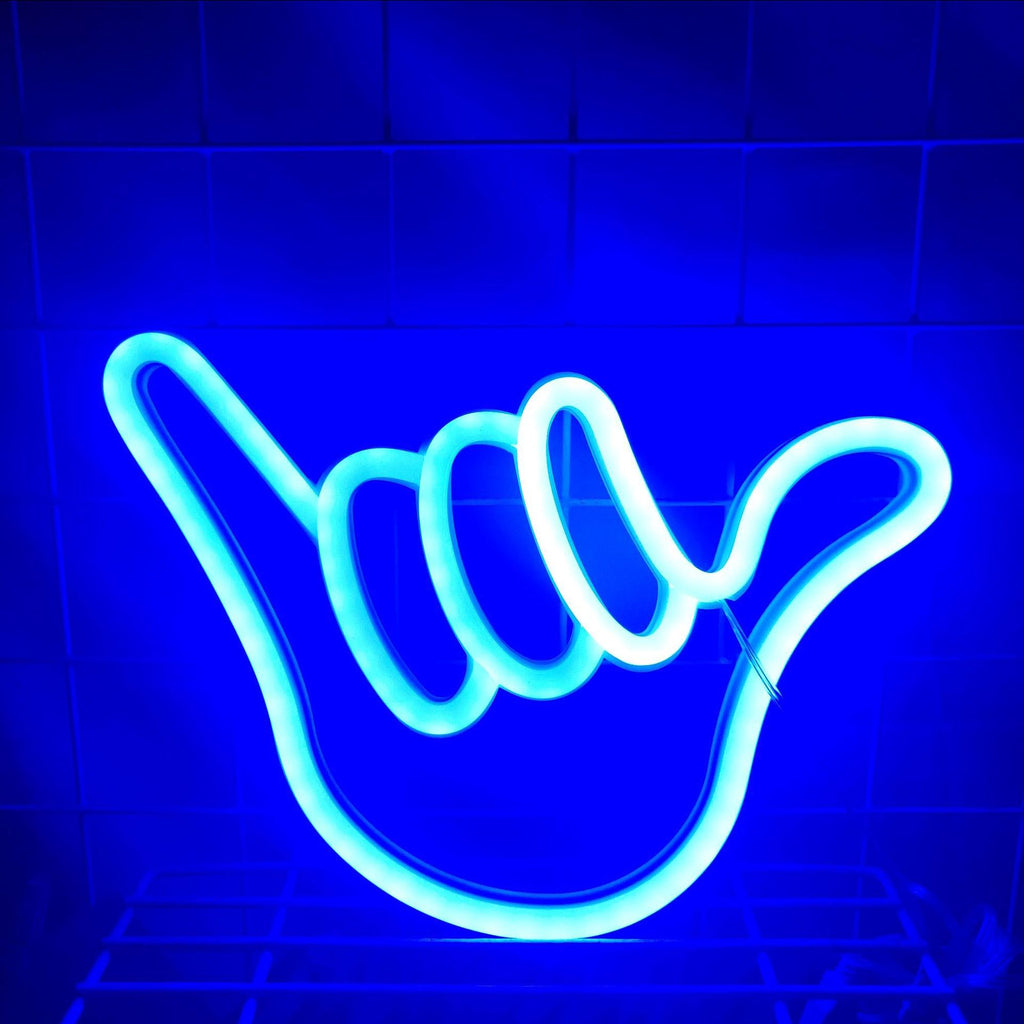 Neon finger sign in white glow as room statement piece