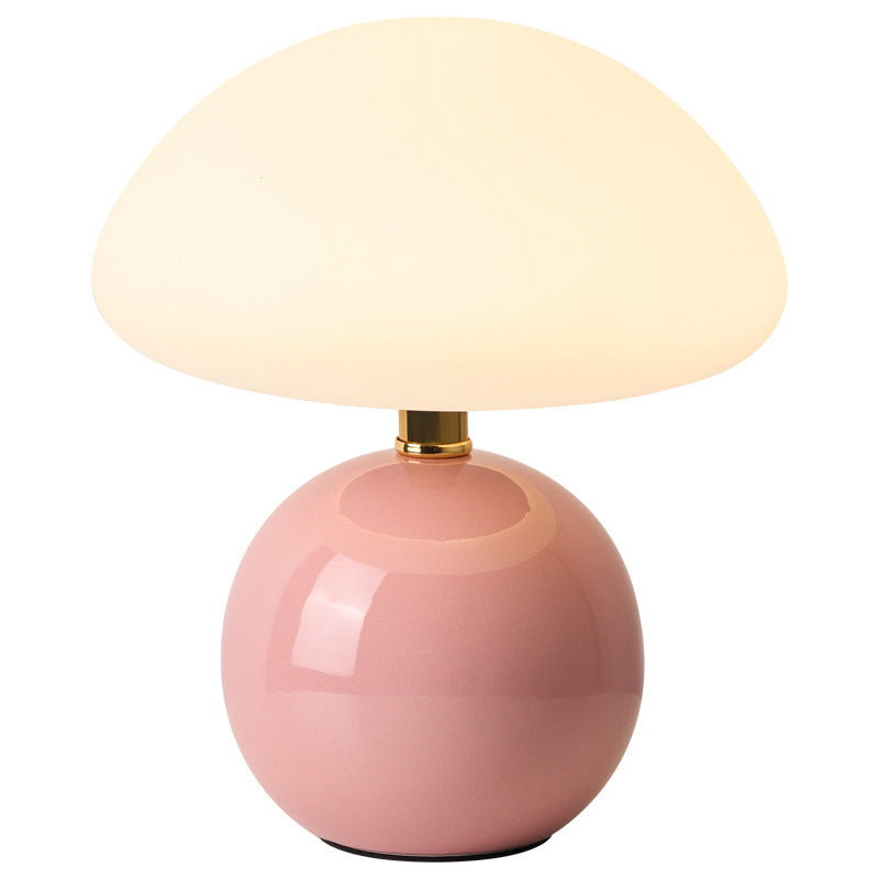 Mushroom lamp close-up showing ceramic cap and base detail
