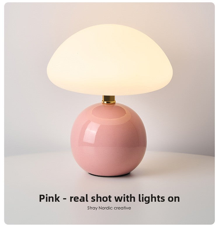 Mushroom table lamp on shelf as fairytale room decor