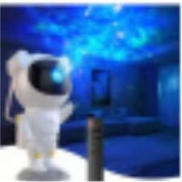 Astronaut star projector in bedroom with ambient galaxy lighting