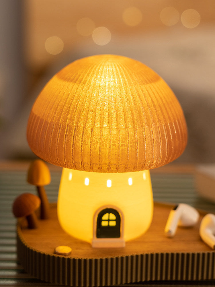Cozy mushroom night light with hedgehog figure ornament