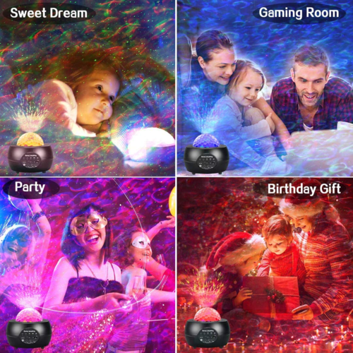 Star and ocean ripple projection across dark bedroom walls