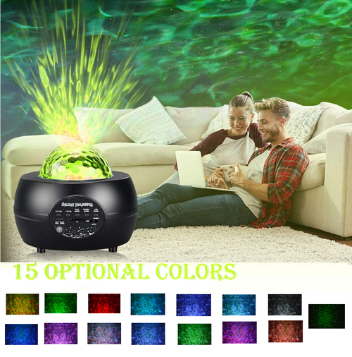 Ocean wave projector with Bluetooth speaker glowing on bedside table
