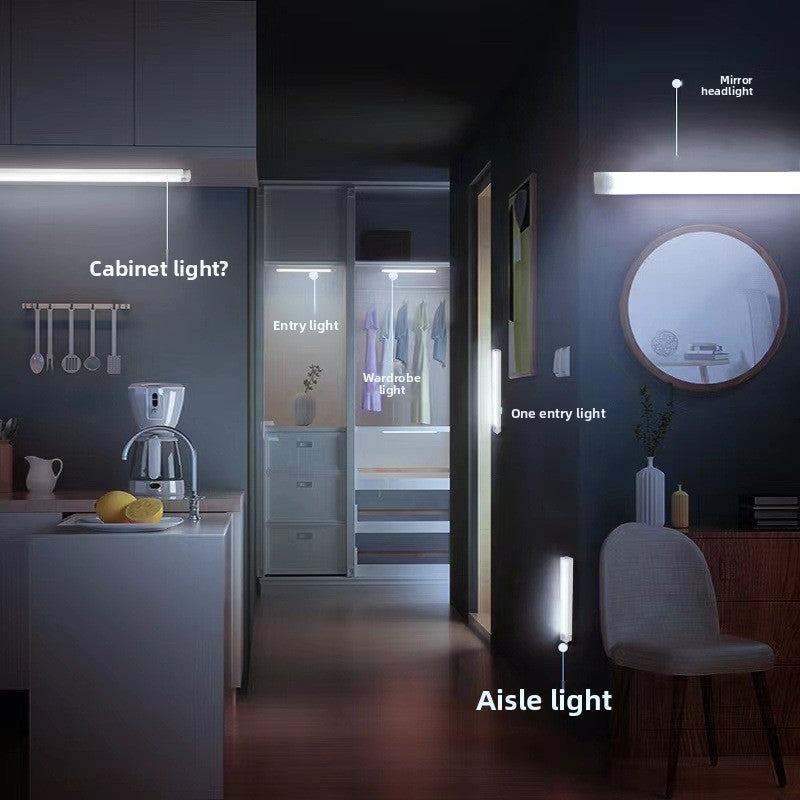 Smart LED cabinet light activated by motion sensor in dark cupboard