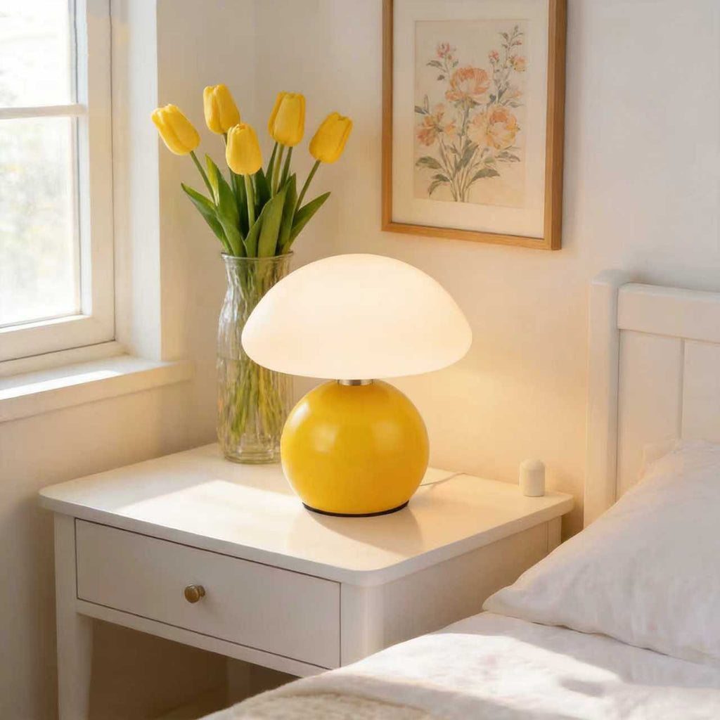 Lumora Mushroom Table Lamp ceramic pink glowing on bedside table
