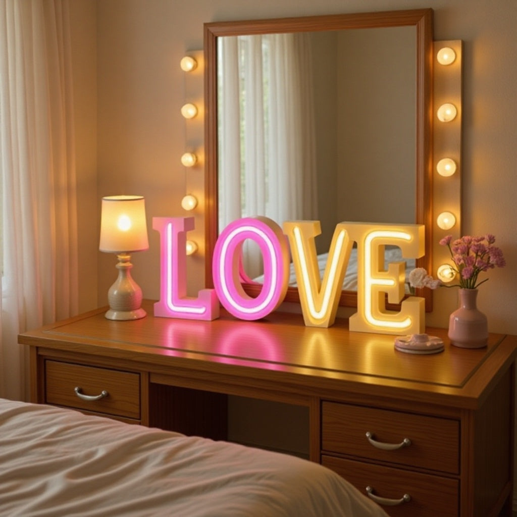 Lumora Neon Letter Lights spelling LOVE on bedroom wall